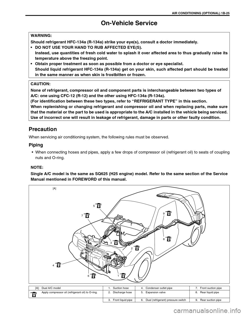 SUZUKI GRAND VITARA 1999 2.G Service Manual AIR CONDITIONING (OPTIONAL) 1B-25
On-Vehicle Service
Precaution
When servicing air conditioning system, the following rules must be observed.
Piping
When connecting hoses and pipes, apply a few drops SUZUKI GRAND VITARA 1999 2.G Service Manual AIR CONDITIONING (OPTIONAL) 1B-25
On-Vehicle Service
Precaution
When servicing air conditioning system, the following rules must be observed.
Piping
When connecting hoses and pipes, apply a few drops