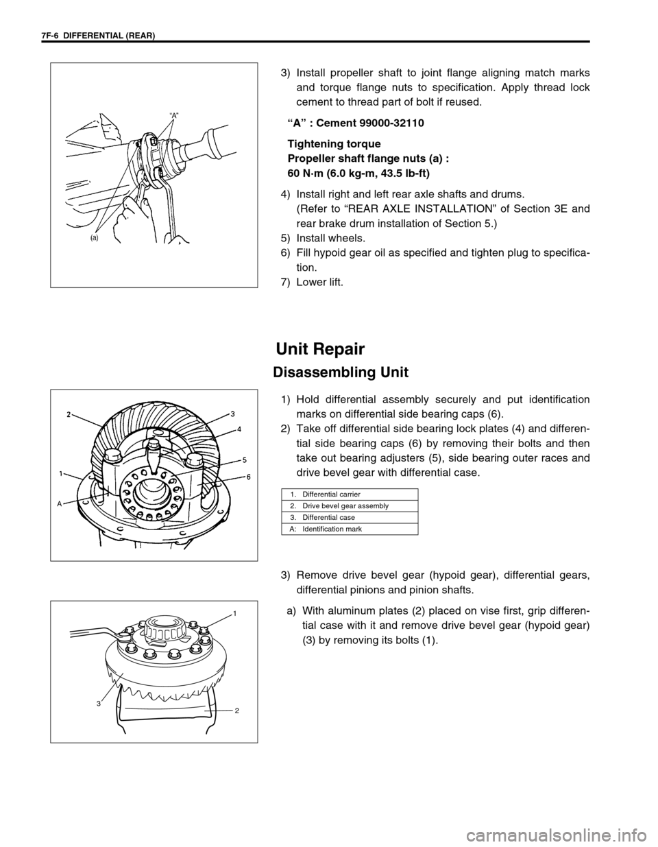 SUZUKI GRAND VITARA 1999 2.G Owners Manual 7F-6 DIFFERENTIAL (REAR)
3) Install propeller shaft to joint flange aligning match marks
and torque flange nuts to specification. Apply thread lock
cement to thread part of bolt if reused.
“A” : SUZUKI GRAND VITARA 1999 2.G Owners Manual 7F-6 DIFFERENTIAL (REAR)
3) Install propeller shaft to joint flange aligning match marks
and torque flange nuts to specification. Apply thread lock
cement to thread part of bolt if reused.
“A” :