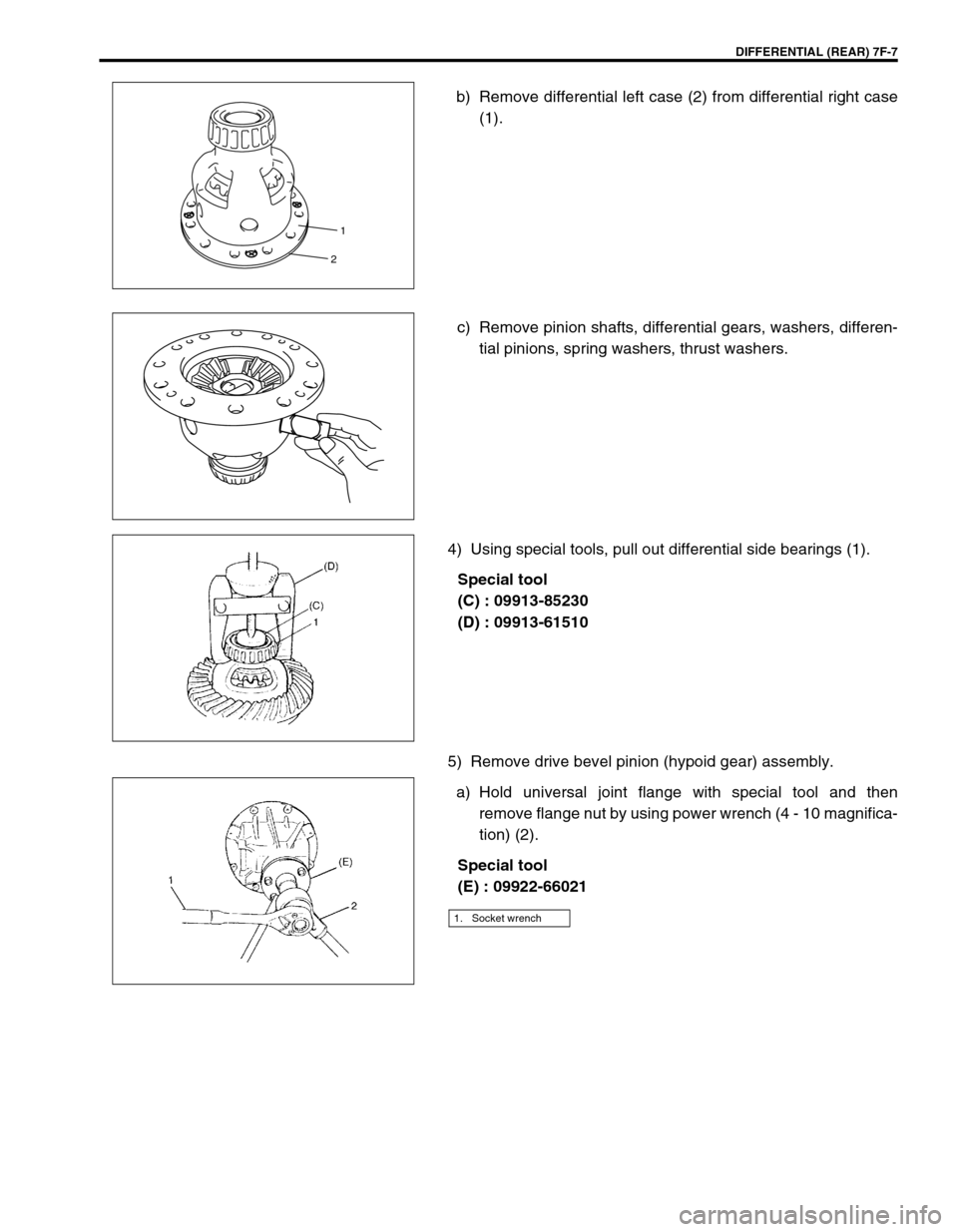 SUZUKI GRAND VITARA 1999 2.G Owners Manual DIFFERENTIAL (REAR) 7F-7
b) Remove differential left case (2) from differential right case
(1).
c) Remove pinion shafts, differential gears, washers, differen-
tial pinions, spring washers, thrust was SUZUKI GRAND VITARA 1999 2.G Owners Manual DIFFERENTIAL (REAR) 7F-7
b) Remove differential left case (2) from differential right case
(1).
c) Remove pinion shafts, differential gears, washers, differen-
tial pinions, spring washers, thrust was