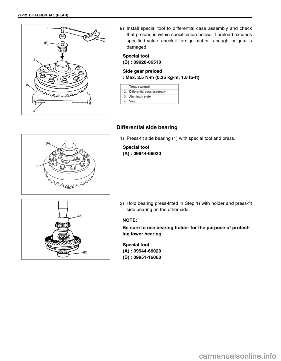 SUZUKI GRAND VITARA 1999 2.G Owners Manual 7F-12 DIFFERENTIAL (REAR)
9) Install special tool to differential case assembly and check
that preload is within specification below. If preload exceeds
specified value, check if foreign matter is ca SUZUKI GRAND VITARA 1999 2.G Owners Manual 7F-12 DIFFERENTIAL (REAR)
9) Install special tool to differential case assembly and check
that preload is within specification below. If preload exceeds
specified value, check if foreign matter is ca