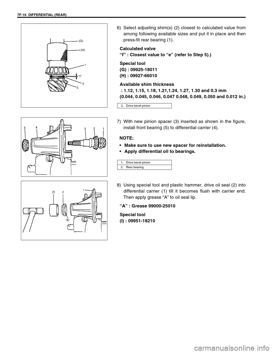 SUZUKI GRAND VITARA 1999 2.G Owners Manual 7F-16  DIFFERENTIAL (REAR)
6) Select adjusting shim(s) (2) closest to calculated value from
among following available sizes and put it in place and then
press-fit rear bearing (1).
Calculated valve
�