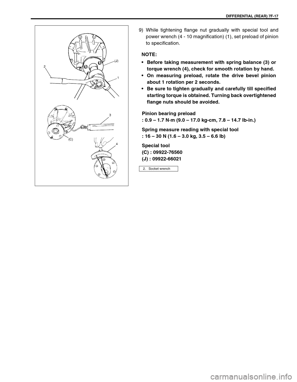 SUZUKI GRAND VITARA 1999 2.G Owners Manual DIFFERENTIAL (REAR) 7F-17
9) While tightening flange nut gradually with special tool and
power wrench (4 - 10 magnification) (1), set preload of pinion
to specification.
Pinion bearing preload
: 0.9 â SUZUKI GRAND VITARA 1999 2.G Owners Manual DIFFERENTIAL (REAR) 7F-17
9) While tightening flange nut gradually with special tool and
power wrench (4 - 10 magnification) (1), set preload of pinion
to specification.
Pinion bearing preload
: 0.9 â