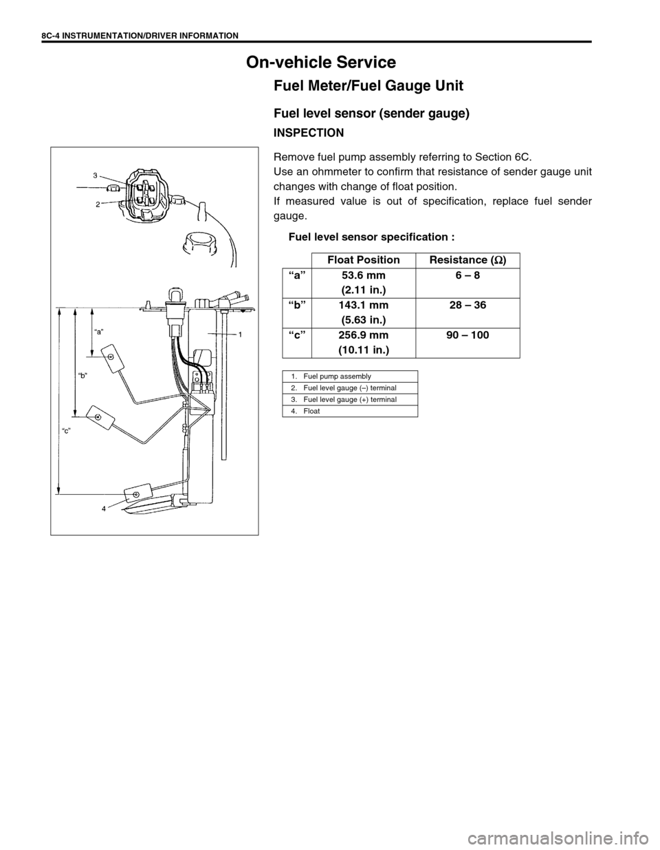 SUZUKI GRAND VITARA 1999 2.G Owners Manual 8C-4 INSTRUMENTATION/DRIVER INFORMATION
On-vehicle Service
Fuel Meter/Fuel Gauge Unit
Fuel level sensor (sender gauge)
INSPECTION
Remove fuel pump assembly referring to Section 6C.
Use an ohmmeter to SUZUKI GRAND VITARA 1999 2.G Owners Manual 8C-4 INSTRUMENTATION/DRIVER INFORMATION
On-vehicle Service
Fuel Meter/Fuel Gauge Unit
Fuel level sensor (sender gauge)
INSPECTION
Remove fuel pump assembly referring to Section 6C.
Use an ohmmeter to