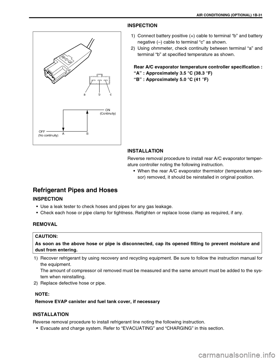SUZUKI GRAND VITARA 1999 2.G Workshop Manual AIR CONDITIONING (OPTIONAL) 1B-31
INSPECTION
1) Connect battery positive (+) cable to terminal “b” and battery
negative (–) cable to terminal “c” as shown.
2) Using ohmmeter, check continuit SUZUKI GRAND VITARA 1999 2.G Workshop Manual AIR CONDITIONING (OPTIONAL) 1B-31
INSPECTION
1) Connect battery positive (+) cable to terminal “b” and battery
negative (–) cable to terminal “c” as shown.
2) Using ohmmeter, check continuit
