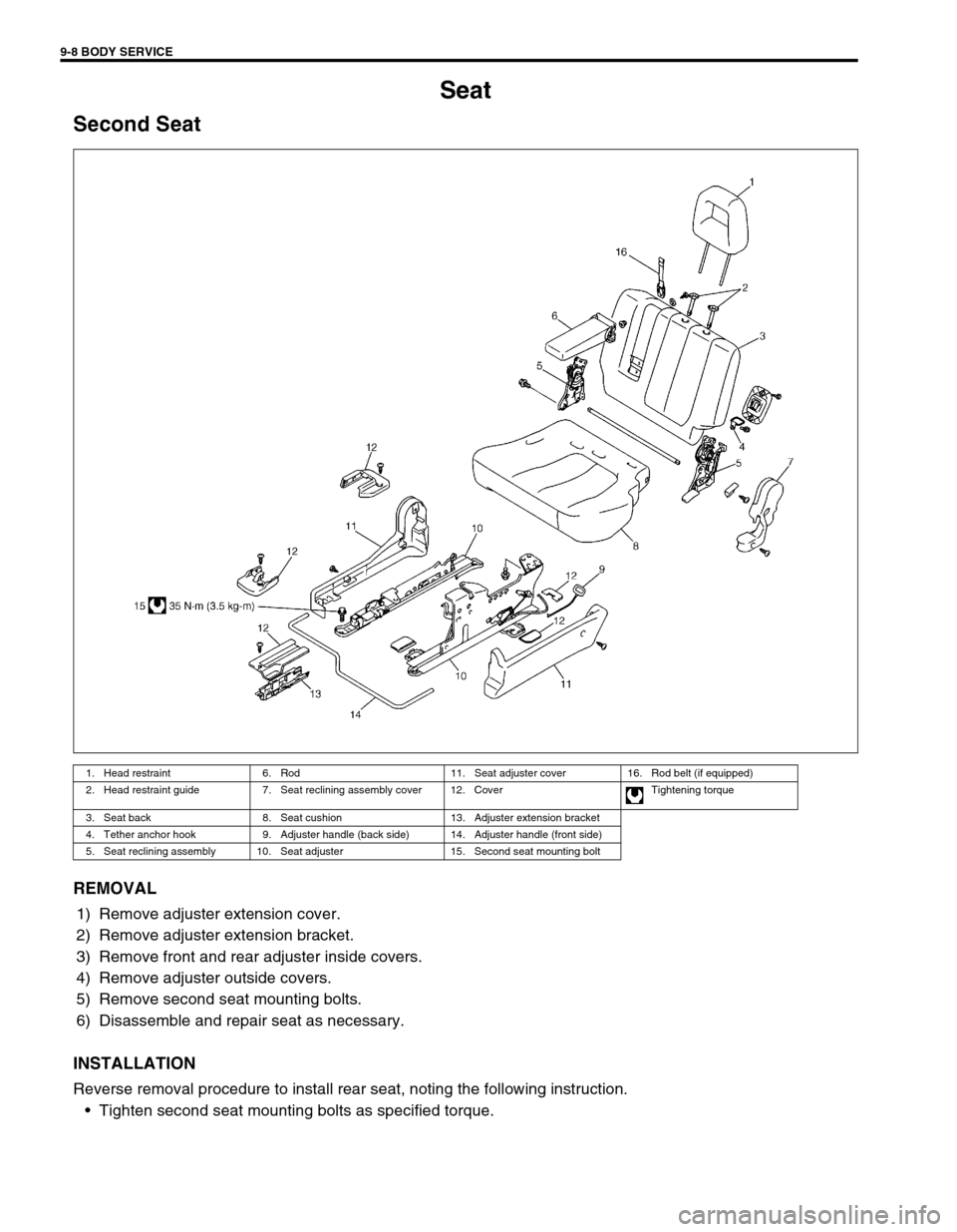 SUZUKI GRAND VITARA 1999 2.G Owners Manual 9-8 BODY SERVICE
Seat
Second Seat
REMOVAL
1) Remove adjuster extension cover.
2) Remove adjuster extension bracket.
3) Remove front and rear adjuster inside covers.
4) Remove adjuster outside covers.
