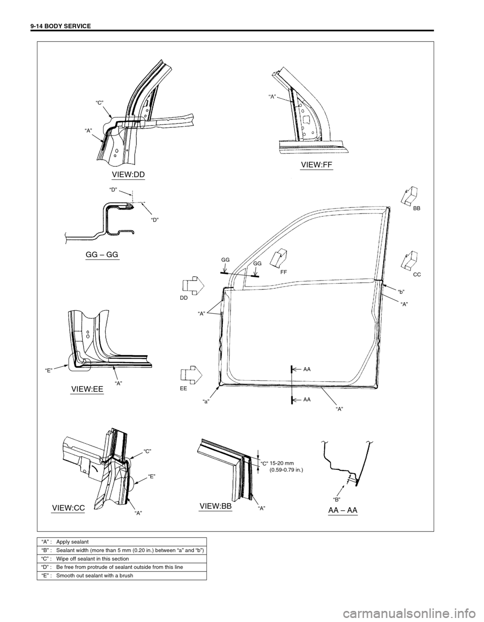 SUZUKI GRAND VITARA 1999 2.G Owners Manual 9-14 BODY SERVICE
“A” : Apply sealant
“B” : Sealant width (more than 5 mm (0.20 in.) between “a” and “b”)
“C” : Wipe off sealant in this section
“D” : Be free from protrude of 