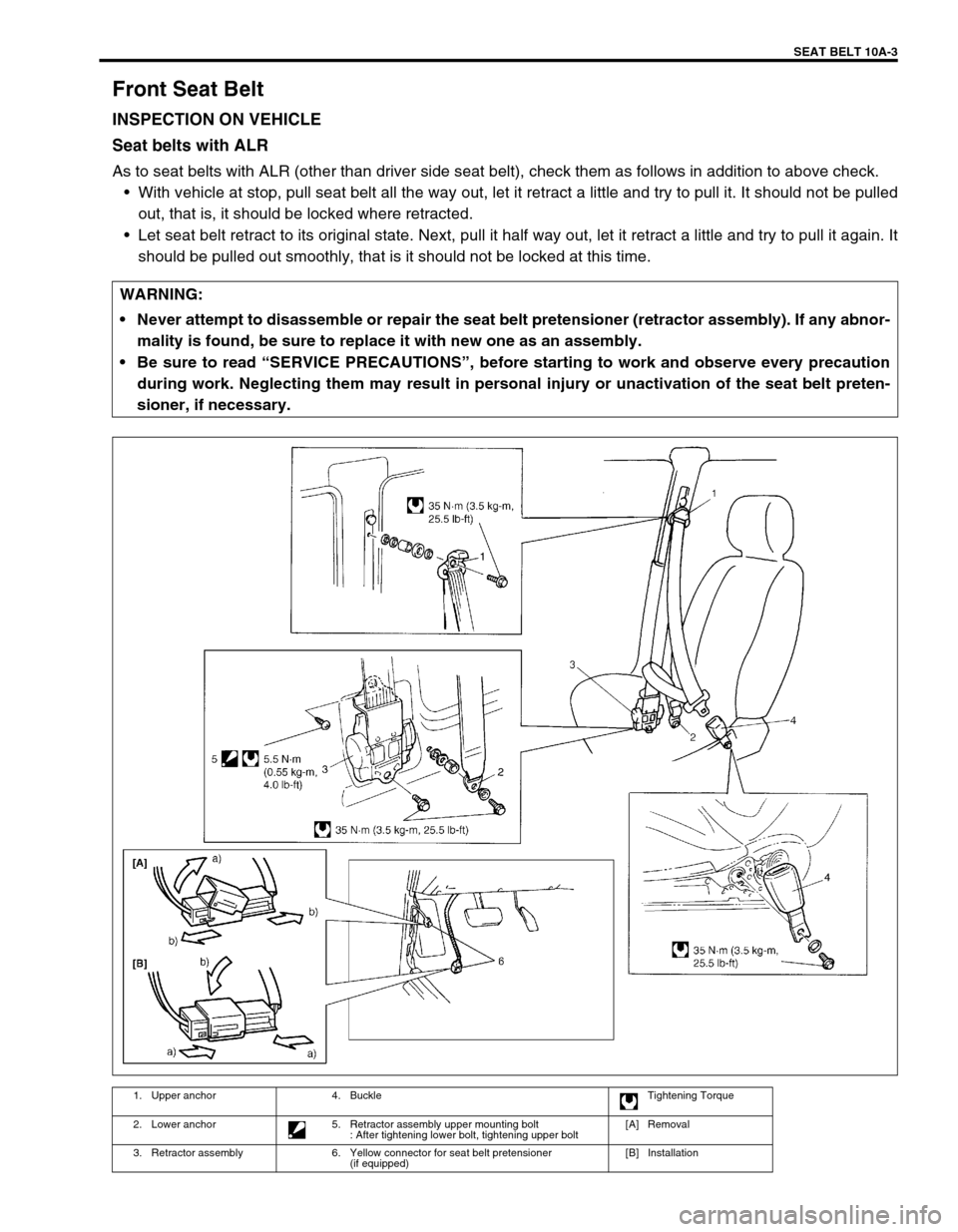 SUZUKI GRAND VITARA 1999 2.G Owners Manual SEAT BELT 10A-3
Front Seat Belt
INSPECTION ON VEHICLE
Seat belts with ALR
As to seat belts with ALR (other than driver side seat belt), check them as follows in addition to above check.
â˘With vehicl SUZUKI GRAND VITARA 1999 2.G Owners Manual SEAT BELT 10A-3
Front Seat Belt
INSPECTION ON VEHICLE
Seat belts with ALR
As to seat belts with ALR (other than driver side seat belt), check them as follows in addition to above check.
â˘With vehicl