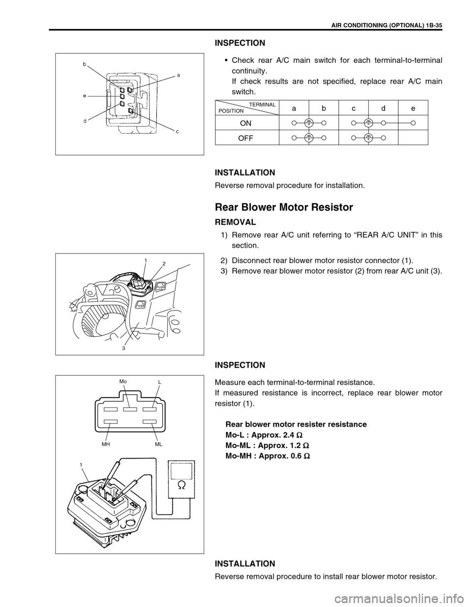 SUZUKI GRAND VITARA 1999 2.G Workshop Manual AIR CONDITIONING (OPTIONAL) 1B-35
INSPECTION
Check rear A/C main switch for each terminal-to-terminal
continuity.
If check results are not specified, replace rear A/C main
switch.
INSTALLATION
Revers SUZUKI GRAND VITARA 1999 2.G Workshop Manual AIR CONDITIONING (OPTIONAL) 1B-35
INSPECTION
Check rear A/C main switch for each terminal-to-terminal
continuity.
If check results are not specified, replace rear A/C main
switch.
INSTALLATION
Revers