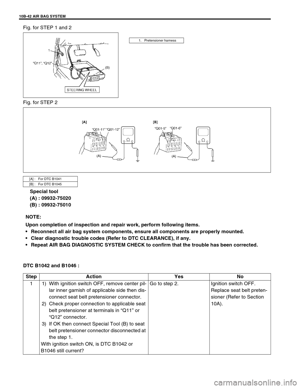 SUZUKI GRAND VITARA 1999 2.G Owners Manual 10B-42 AIR BAG SYSTEM
Fig. for STEP 1 and 2
Fig. for STEP 2
Special tool
(A) : 09932-75020
(B) : 09932-75010
DTC B1042 and B1046 : 
1. Pretensioner harness
[A] : For DTC B1041
[B] : For DTC B1045
NOTE