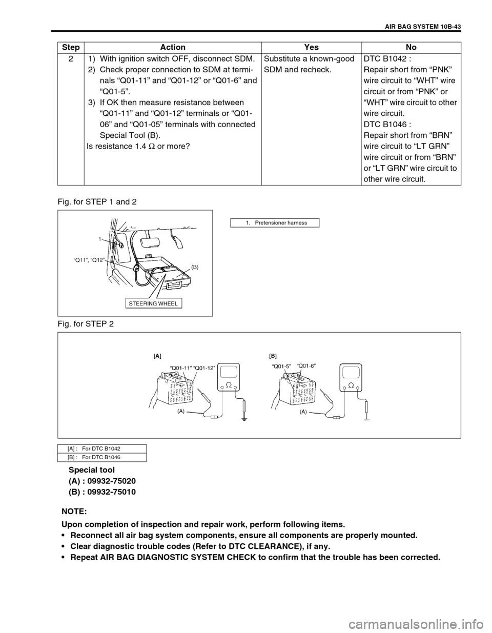 SUZUKI GRAND VITARA 1999 2.G Owners Manual AIR BAG SYSTEM 10B-43
Fig. for STEP 1 and 2
Fig. for STEP 2
Special tool
(A) : 09932-75020
(B) : 09932-75010 2 1) With ignition switch OFF, disconnect SDM.
2) Check proper connection to SDM at termi-
SUZUKI GRAND VITARA 1999 2.G Owners Manual AIR BAG SYSTEM 10B-43
Fig. for STEP 1 and 2
Fig. for STEP 2
Special tool
(A) : 09932-75020
(B) : 09932-75010 2 1) With ignition switch OFF, disconnect SDM.
2) Check proper connection to SDM at termi-