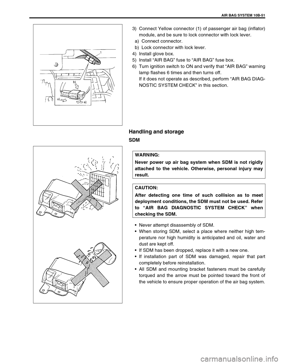 SUZUKI GRAND VITARA 1999 2.G Owners Manual AIR BAG SYSTEM 10B-51
3) Connect Yellow connector (1) of passenger air bag (inflator)
module, and be sure to lock connector with lock lever.
a) Connect connector.
b) Lock connector with lock lever.
4)