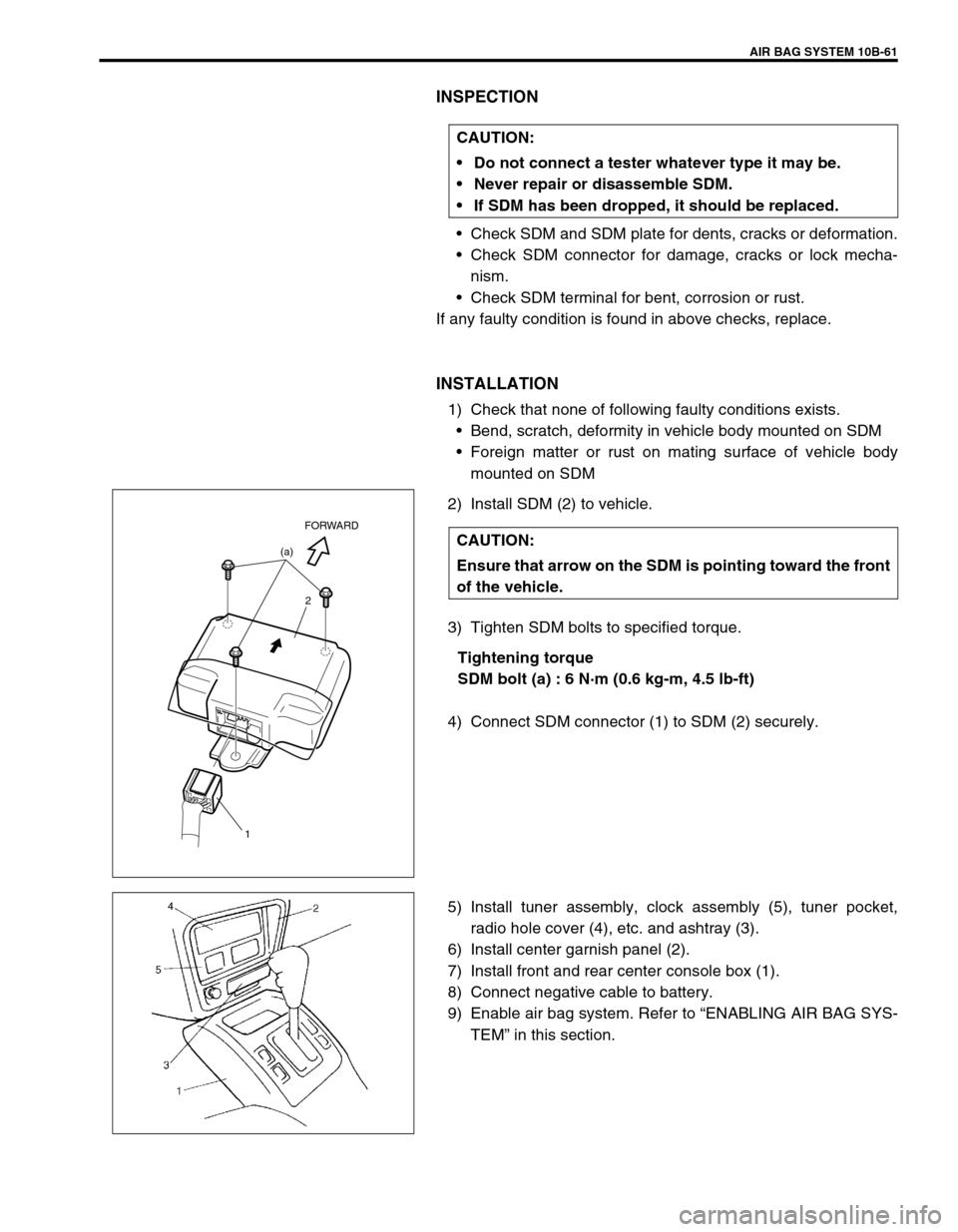SUZUKI GRAND VITARA 1999 2.G Owners Manual AIR BAG SYSTEM 10B-61
INSPECTION
•Check SDM and SDM plate for dents, cracks or deformation.
•Check SDM connector for damage, cracks or lock mecha-
nism.
•Check SDM terminal for bent, corrosion o SUZUKI GRAND VITARA 1999 2.G Owners Manual AIR BAG SYSTEM 10B-61
INSPECTION
•Check SDM and SDM plate for dents, cracks or deformation.
•Check SDM connector for damage, cracks or lock mecha-
nism.
•Check SDM terminal for bent, corrosion o