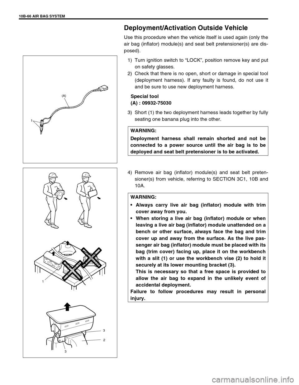 SUZUKI GRAND VITARA 1999 2.G Owners Manual 10B-66 AIR BAG SYSTEM
Deployment/Activation Outside Vehicle
Use this procedure when the vehicle itself is used again (only the
air bag (inflator) module(s) and seat belt pretensioner(s) are dis-
posed