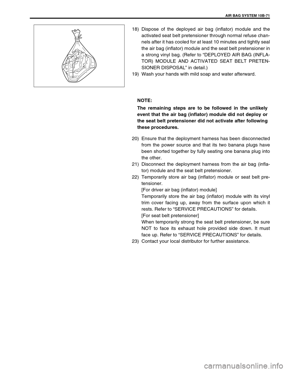 SUZUKI GRAND VITARA 1999 2.G Owners Manual AIR BAG SYSTEM 10B-71
18) Dispose of the deployed air bag (inflator) module and the
activated seat belt pretensioner through normal refuse chan-
nels after it has cooled for at least 10 minutes and ti SUZUKI GRAND VITARA 1999 2.G Owners Manual AIR BAG SYSTEM 10B-71
18) Dispose of the deployed air bag (inflator) module and the
activated seat belt pretensioner through normal refuse chan-
nels after it has cooled for at least 10 minutes and ti