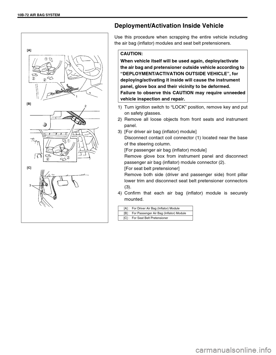 SUZUKI GRAND VITARA 1999 2.G Owners Manual 10B-72 AIR BAG SYSTEM
Deployment/Activation Inside Vehicle
Use this procedure when scrapping the entire vehicle including
the air bag (inflator) modules and seat belt pretensioners.
1) Turn ignition s