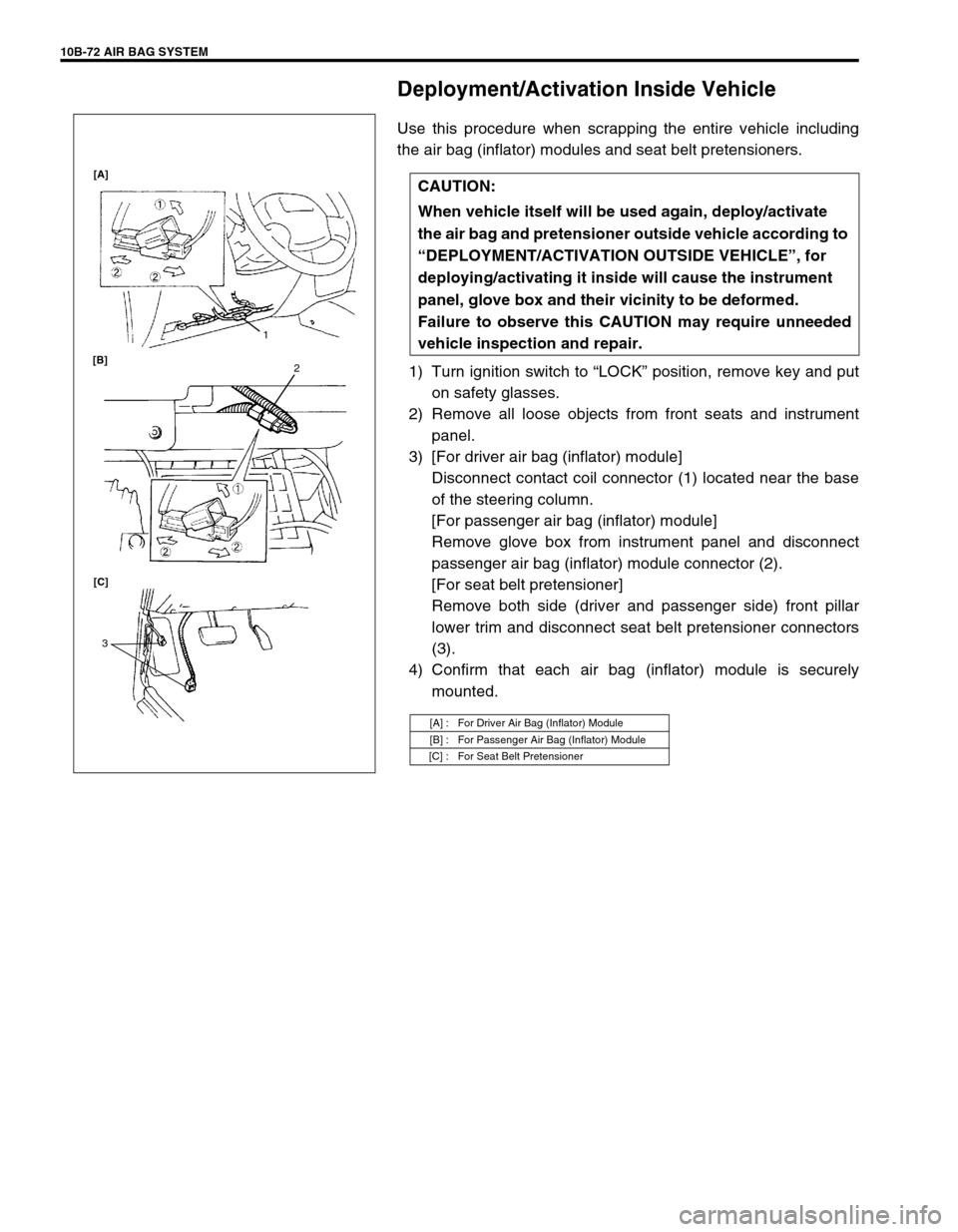 SUZUKI GRAND VITARA 1999 2.G Owners Manual 10B-72 AIR BAG SYSTEM
Deployment/Activation Inside Vehicle
Use this procedure when scrapping the entire vehicle including
the air bag (inflator) modules and seat belt pretensioners.
1) Turn ignition s SUZUKI GRAND VITARA 1999 2.G Owners Manual 10B-72 AIR BAG SYSTEM
Deployment/Activation Inside Vehicle
Use this procedure when scrapping the entire vehicle including
the air bag (inflator) modules and seat belt pretensioners.
1) Turn ignition s