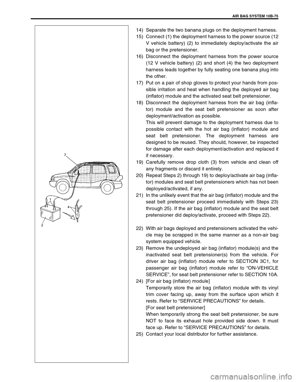 SUZUKI GRAND VITARA 1999 2.G Owners Manual AIR BAG SYSTEM 10B-75
14) Separate the two banana plugs on the deployment harness.
15) Connect (1) the deployment harness to the power source (12
V vehicle battery) (2) to immediately deploy/activate SUZUKI GRAND VITARA 1999 2.G Owners Manual AIR BAG SYSTEM 10B-75
14) Separate the two banana plugs on the deployment harness.
15) Connect (1) the deployment harness to the power source (12
V vehicle battery) (2) to immediately deploy/activate