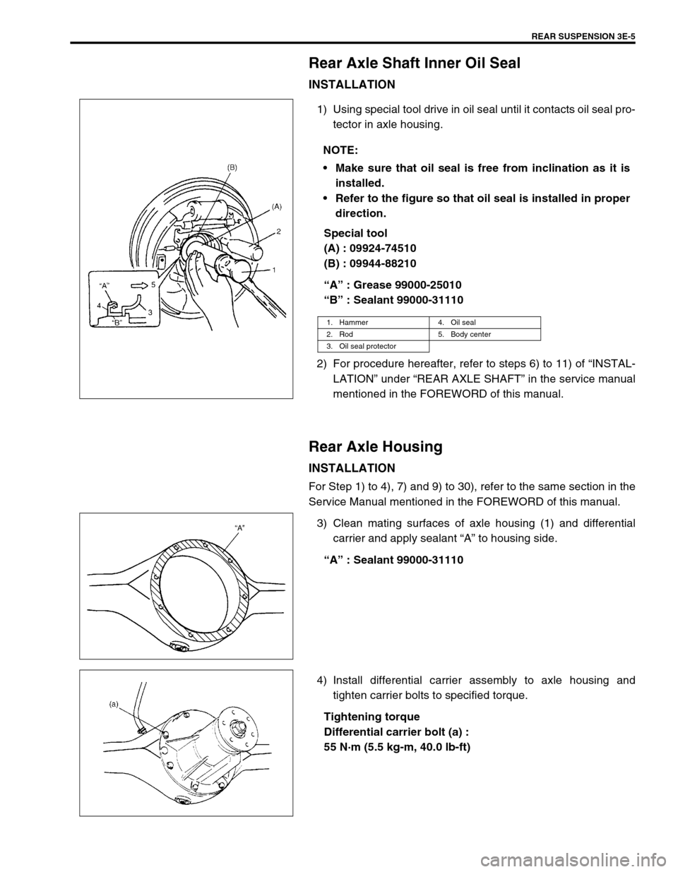 SUZUKI GRAND VITARA 1999 2.G Owners Manual REAR SUSPENSION 3E-5
Rear Axle Shaft Inner Oil Seal
INSTALLATION
1) Using special tool drive in oil seal until it contacts oil seal pro-
tector in axle housing.
Special tool
(A) : 09924-74510
(B) : 09 SUZUKI GRAND VITARA 1999 2.G Owners Manual REAR SUSPENSION 3E-5
Rear Axle Shaft Inner Oil Seal
INSTALLATION
1) Using special tool drive in oil seal until it contacts oil seal pro-
tector in axle housing.
Special tool
(A) : 09924-74510
(B) : 09