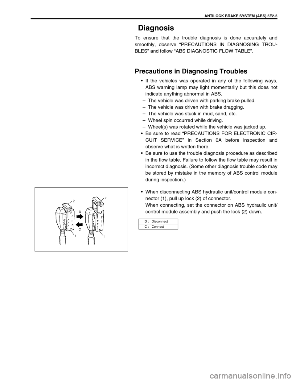 SUZUKI GRAND VITARA 2001 2.G Owners Manual ANTILOCK BRAKE SYSTEM (ABS) 5E2-5
Diagnosis
To ensure that the trouble diagnosis is done accurately and
smoothly, observe “PRECAUTIONS IN DIAGNOSING TROU-
BLES” and follow “ABS DIAGNOSTIC FLOW T SUZUKI GRAND VITARA 2001 2.G Owners Manual ANTILOCK BRAKE SYSTEM (ABS) 5E2-5
Diagnosis
To ensure that the trouble diagnosis is done accurately and
smoothly, observe “PRECAUTIONS IN DIAGNOSING TROU-
BLES” and follow “ABS DIAGNOSTIC FLOW T