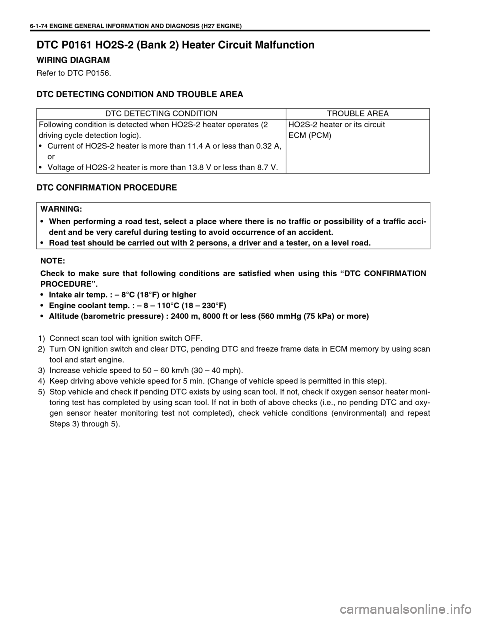 SUZUKI GRAND VITARA 2001 2.G Workshop Manual 6-1-74 ENGINE GENERAL INFORMATION AND DIAGNOSIS (H27 ENGINE)
DTC P0161 HO2S-2 (Bank 2) Heater Circuit Malfunction
WIRING DIAGRAM
Refer to DTC P0156.
DTC DETECTING CONDITION AND TROUBLE AREA
DTC CONFIR