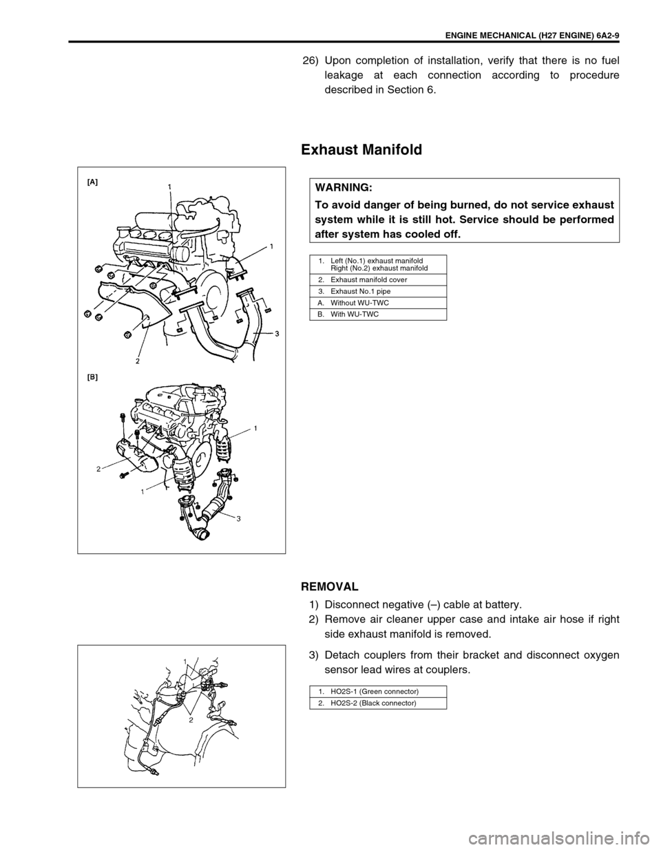 SUZUKI GRAND VITARA 2001 2.G Service Manual ENGINE MECHANICAL (H27 ENGINE) 6A2-9
26) Upon completion of installation, verify that there is no fuel
leakage at each connection according to procedure
described in Section 6.
Exhaust Manifold
REMOVA