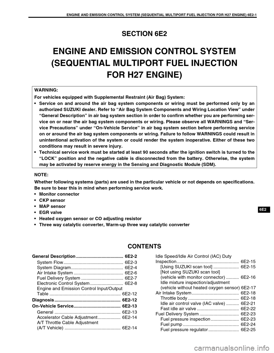 SUZUKI GRAND VITARA 2001 2.G Owners Manual ENGINE AND EMISSION CONTROL SYSTEM (SEQUENTIAL MULTIPORT FUEL INJECTION FOR H27 ENGINE) 6E2-1
6E2
SECTION 6E2
ENGINE AND EMISSION CONTROL SYSTEM
(SEQUENTIAL MULTIPORT FUEL INJECTION
FOR H27 ENGINE)
CO