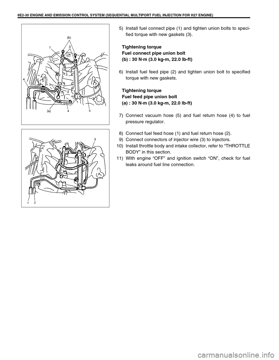 SUZUKI GRAND VITARA 2001 2.G Owners Manual 6E2-30 ENGINE AND EMISSION CONTROL SYSTEM (SEQUENTIAL MULTIPORT FUEL INJECTION FOR H27 ENGINE)
5) Install fuel connect pipe (1) and tighten union bolts to speci-
fied torque with new gaskets (3).
Tigh