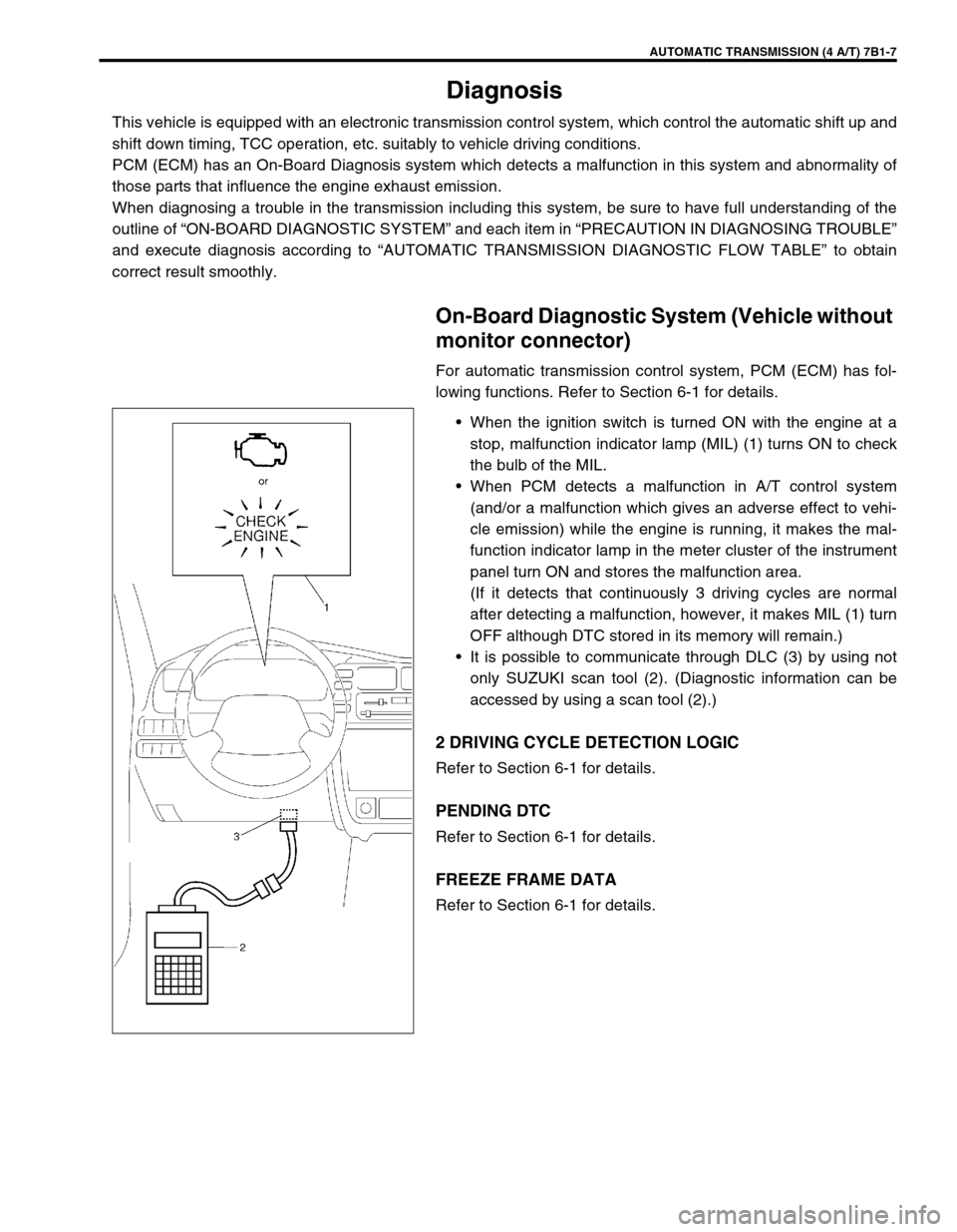 SUZUKI GRAND VITARA 2001 2.G Owners Manual AUTOMATIC TRANSMISSION (4 A/T) 7B1-7
Diagnosis
This vehicle is equipped with an electronic transmission control system, which control the automatic shift up and
shift down timing, TCC operation, etc. SUZUKI GRAND VITARA 2001 2.G Owners Manual AUTOMATIC TRANSMISSION (4 A/T) 7B1-7
Diagnosis
This vehicle is equipped with an electronic transmission control system, which control the automatic shift up and
shift down timing, TCC operation, etc.