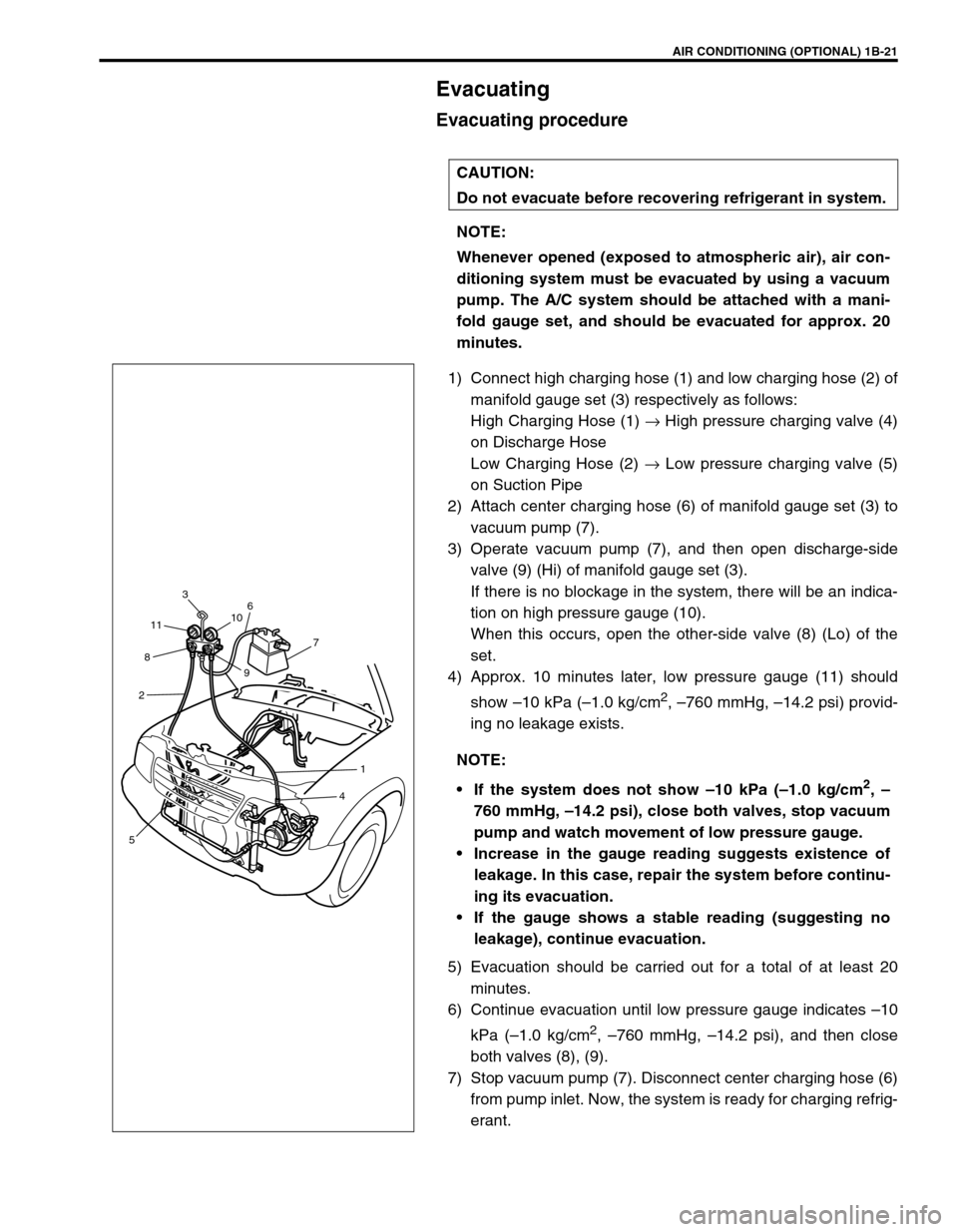 SUZUKI GRAND VITARA 2001 2.G Owners Manual AIR CONDITIONING (OPTIONAL) 1B-21
Evacuating
Evacuating procedure
1) Connect high charging hose (1) and low charging hose (2) of
manifold gauge set (3) respectively as follows:
High Charging Hose (1) SUZUKI GRAND VITARA 2001 2.G Owners Manual AIR CONDITIONING (OPTIONAL) 1B-21
Evacuating
Evacuating procedure
1) Connect high charging hose (1) and low charging hose (2) of
manifold gauge set (3) respectively as follows:
High Charging Hose (1)