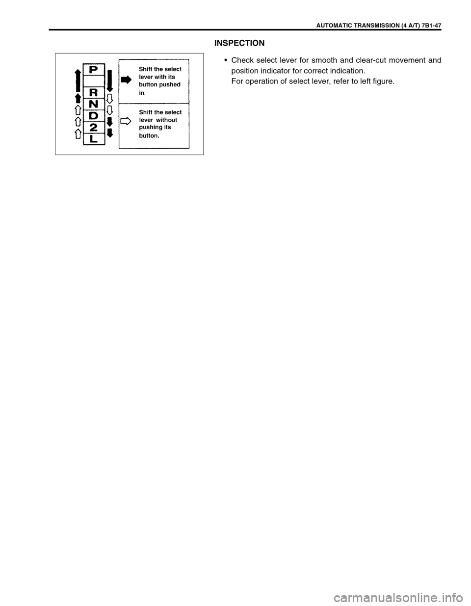SUZUKI GRAND VITARA 2001 2.G Owners Manual AUTOMATIC TRANSMISSION (4 A/T) 7B1-47
INSPECTION
•Check select lever for smooth and clear-cut movement and
position indicator for correct indication.
For operation of select lever, refer to left fig