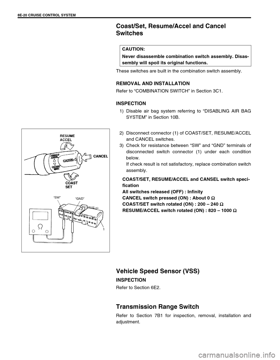 SUZUKI GRAND VITARA 2001 2.G Owners Manual 8E-20 CRUISE CONTROL SYSTEM
Coast/Set, Resume/Accel and Cancel 
Switches
These switches are built in the combination switch assembly.
REMOVAL AND INSTALLATION
Refer to “COMBINATION SWITCH” in Sect