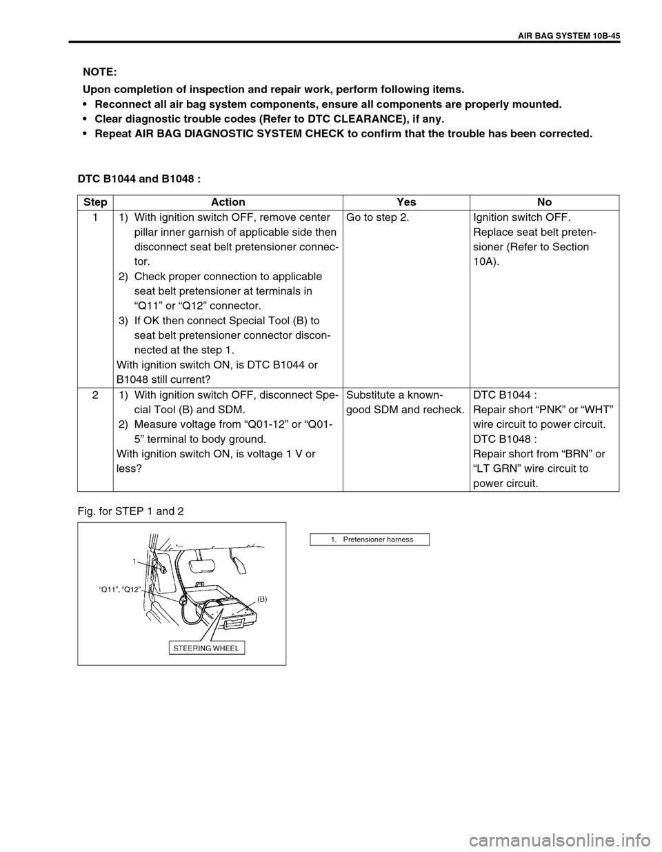 SUZUKI GRAND VITARA 2001 2.G Owners Manual AIR BAG SYSTEM 10B-45
DTC B1044 and B1048 : 
Fig. for STEP 1 and 2NOTE:
Upon completion of inspection and repair work, perform following items.
Reconnect all air bag system components, ensure all com