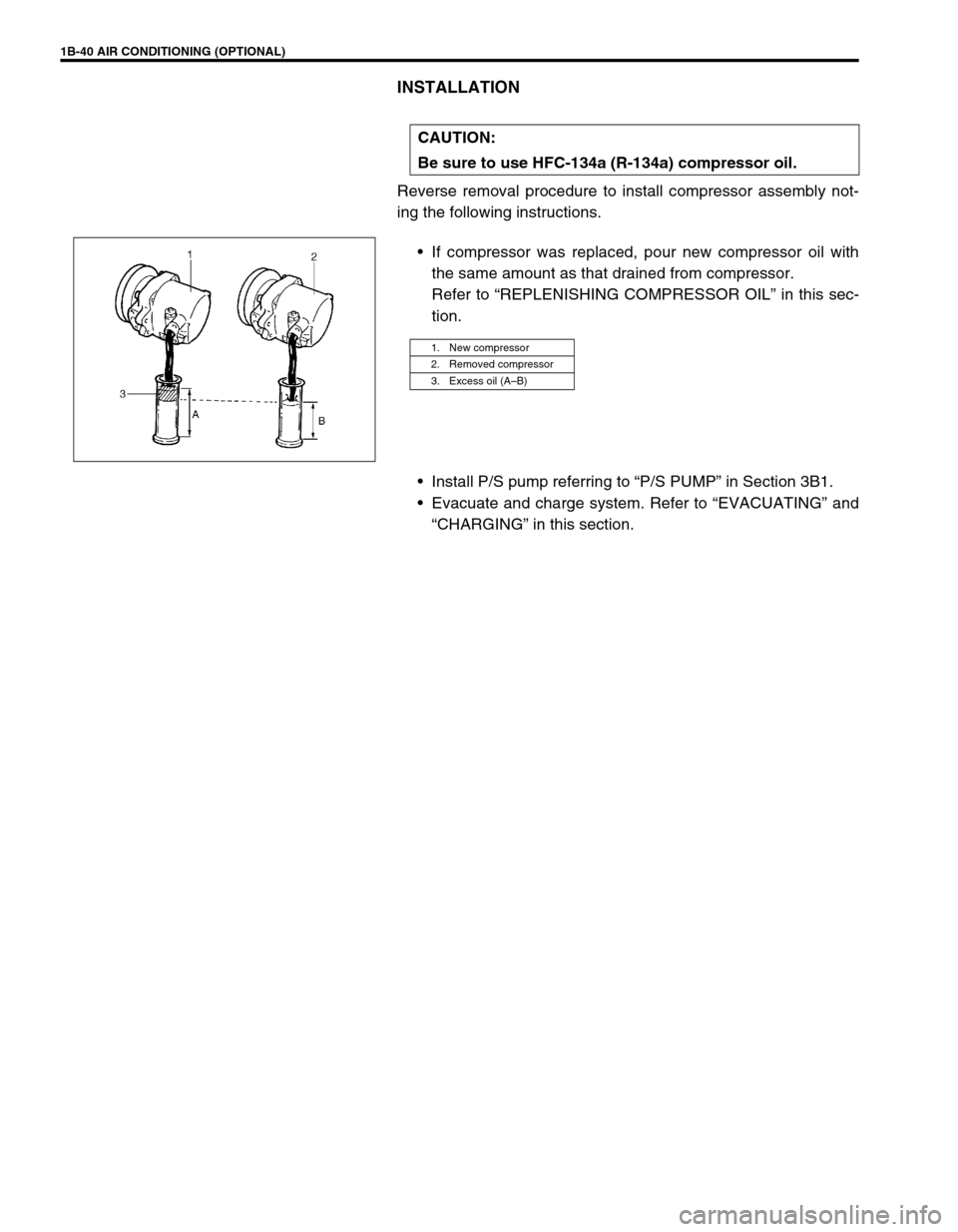 SUZUKI GRAND VITARA 2001 2.G Repair Manual 1B-40 AIR CONDITIONING (OPTIONAL)
INSTALLATION
Reverse removal procedure to install compressor assembly not-
ing the following instructions.
If compressor was replaced, pour new compressor oil with
t