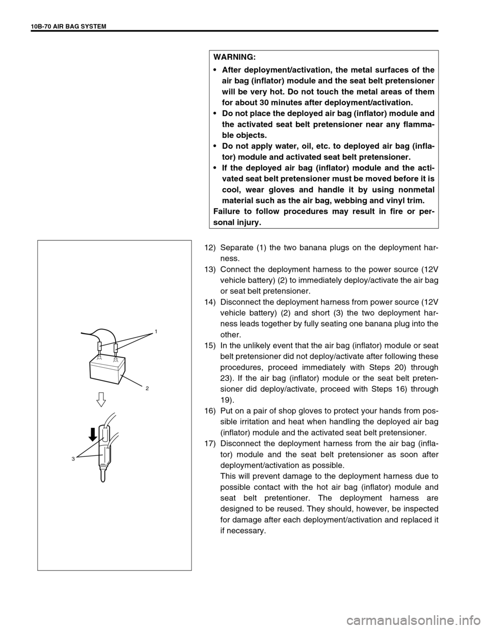 SUZUKI GRAND VITARA 2001 2.G Owners Manual 10B-70 AIR BAG SYSTEM
12) Separate (1) the two banana plugs on the deployment har-
ness.
13) Connect the deployment harness to the power source (12V
vehicle battery) (2) to immediately deploy/activate