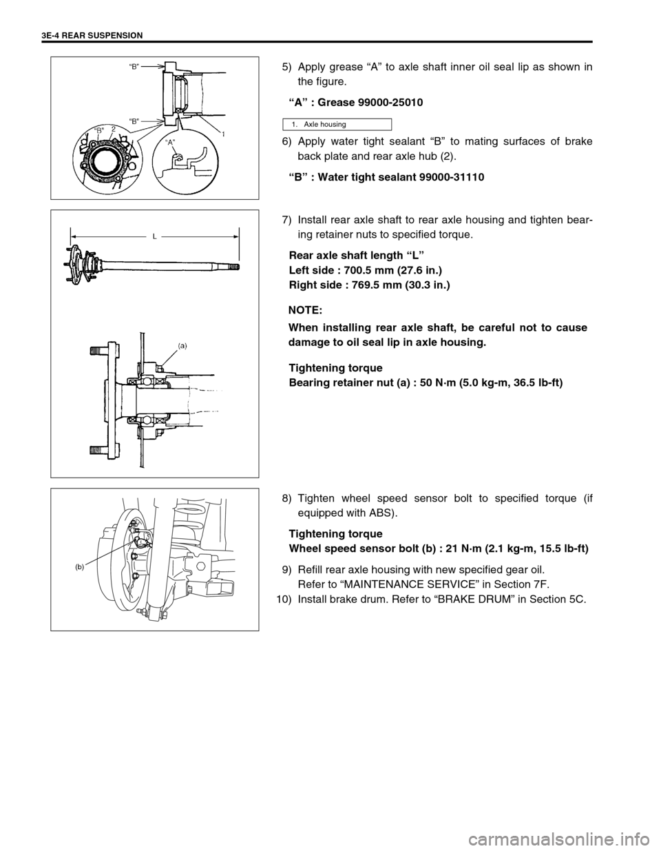 SUZUKI GRAND VITARA 2001 2.G Owners Manual 3E-4 REAR SUSPENSION
5) Apply grease “A” to axle shaft inner oil seal lip as shown in
the figure.
“A” : Grease 99000-25010
6) Apply water tight sealant “B” to mating surfaces of brake
back
