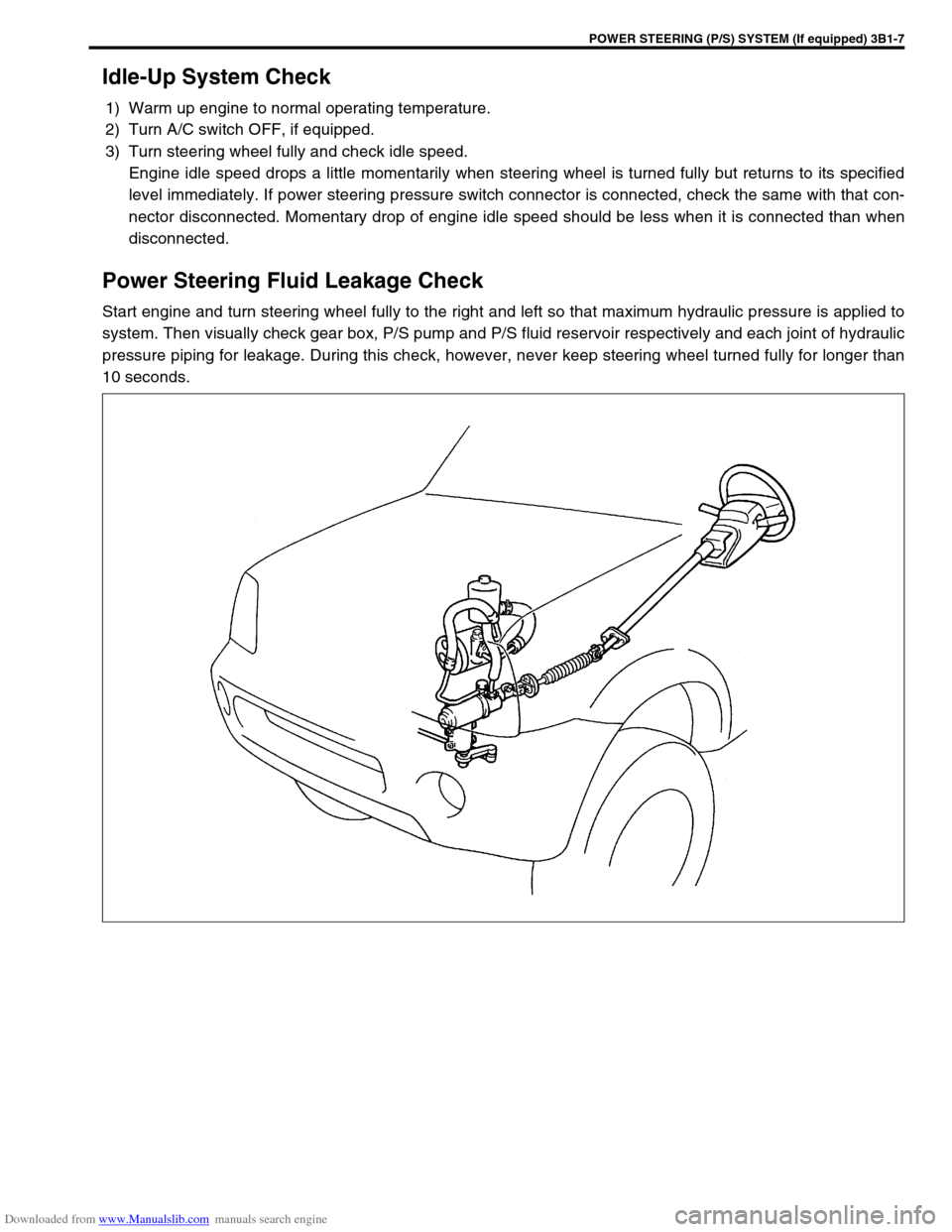 SUZUKI JIMNY 2005 3.G Service Workshop Manual Downloaded from www.Manualslib.com manuals search engine POWER STEERING (P/S) SYSTEM (If equipped) 3B1-7
Idle-Up System Check
1) Warm up engine to normal operating temperature.
2) Turn A/C switch OFF,