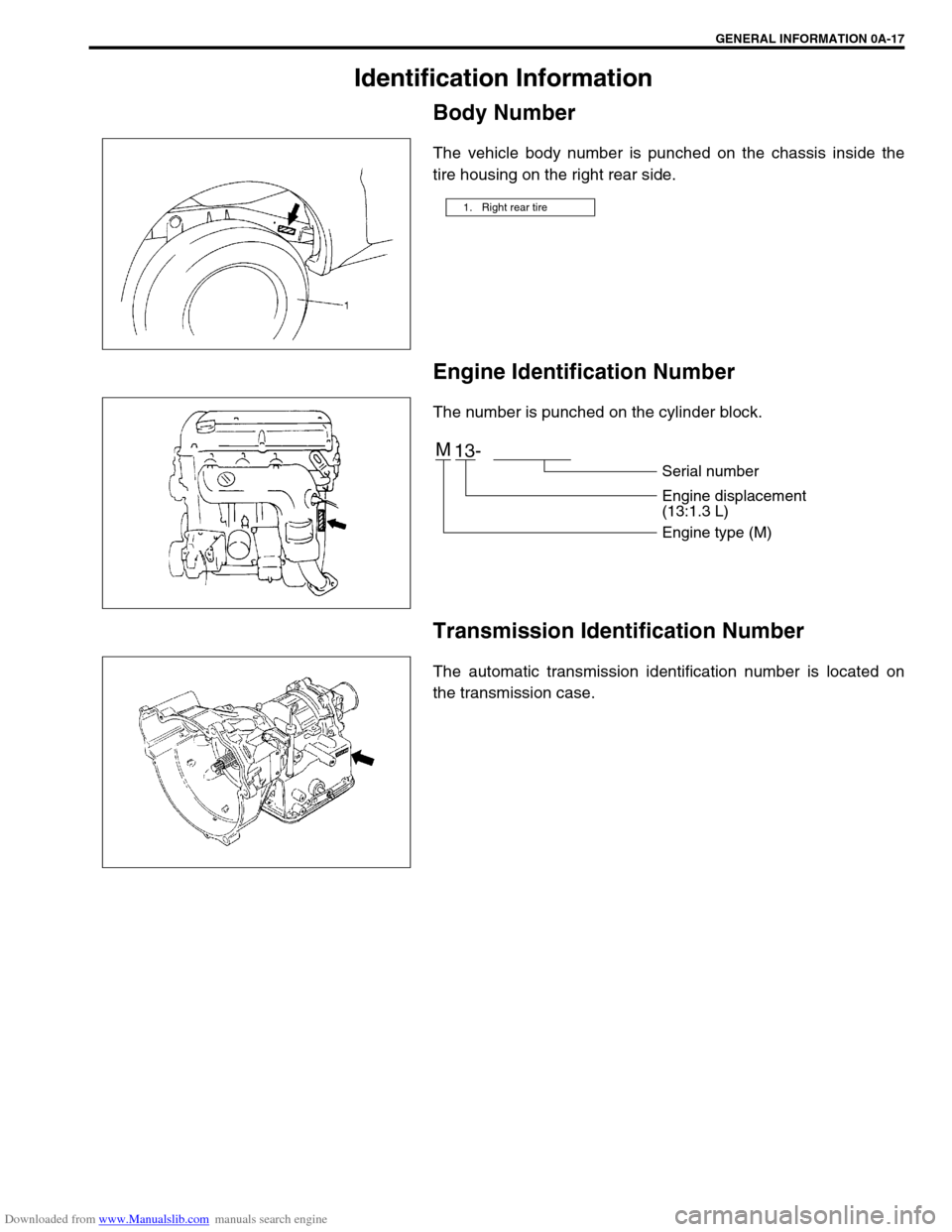 SUZUKI JIMNY 2005 3.G Service Owners Manual Downloaded from www.Manualslib.com manuals search engine GENERAL INFORMATION 0A-17
Identification Information
Body Number
The vehicle body number is punched on the chassis inside the
tire housing on t