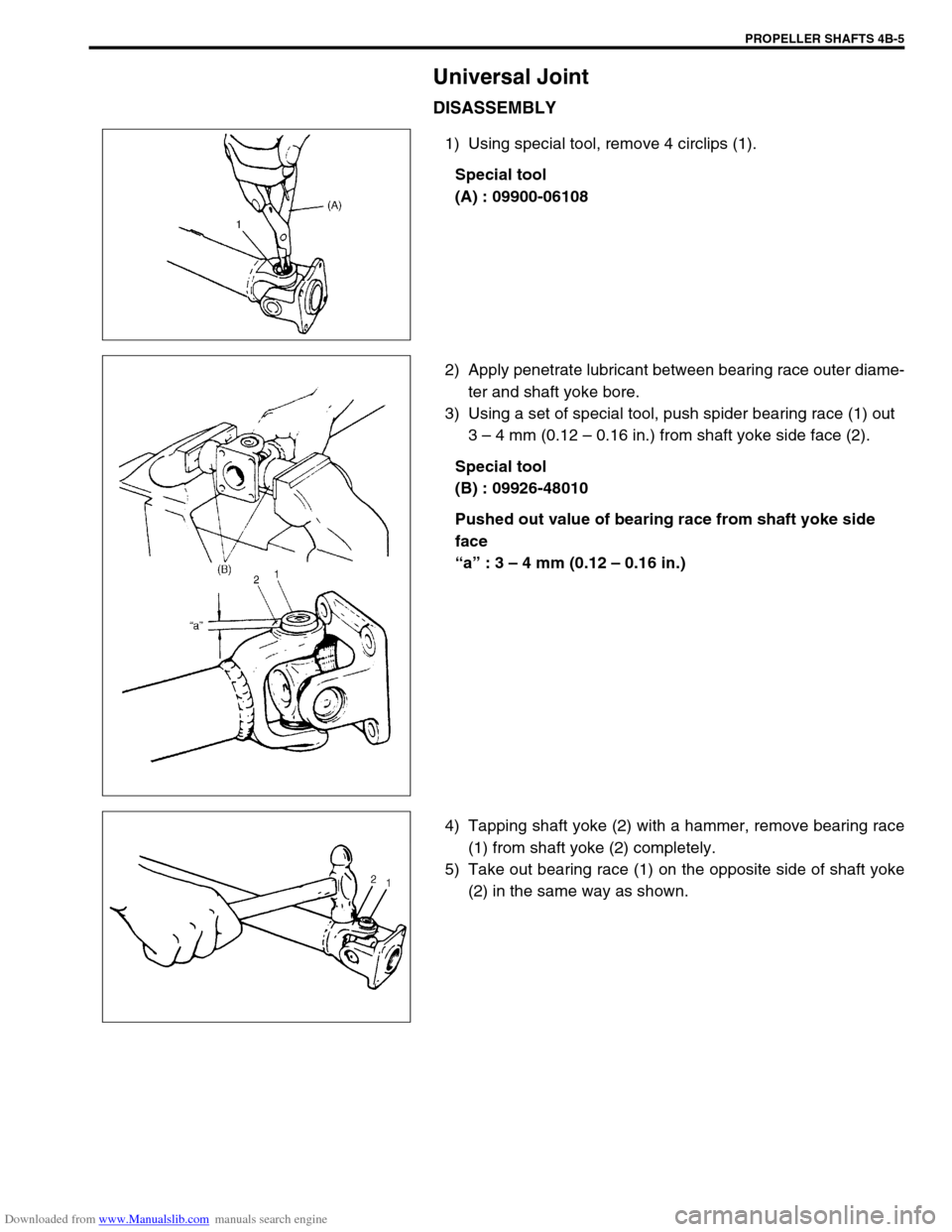 SUZUKI JIMNY 2005 3.G Service Workshop Manual Downloaded from www.Manualslib.com manuals search engine PROPELLER SHAFTS 4B-5
Universal Joint
DISASSEMBLY
1) Using special tool, remove 4 circlips (1).
Special tool
(A) : 09900-06108
2) Apply penetra SUZUKI JIMNY 2005 3.G Service Workshop Manual Downloaded from www.Manualslib.com manuals search engine PROPELLER SHAFTS 4B-5
Universal Joint
DISASSEMBLY
1) Using special tool, remove 4 circlips (1).
Special tool
(A) : 09900-06108
2) Apply penetra