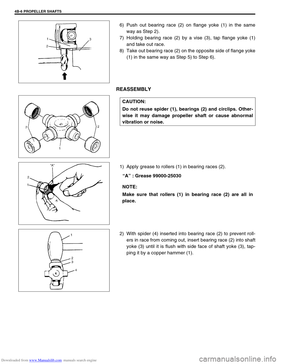 SUZUKI JIMNY 2005 3.G Service Workshop Manual Downloaded from www.Manualslib.com manuals search engine 4B-6 PROPELLER SHAFTS
6) Push out bearing race (2) on flange yoke (1) in the same
way as Step 2).
7) Holding bearing race (2) by a vise (3), ta SUZUKI JIMNY 2005 3.G Service Workshop Manual Downloaded from www.Manualslib.com manuals search engine 4B-6 PROPELLER SHAFTS
6) Push out bearing race (2) on flange yoke (1) in the same
way as Step 2).
7) Holding bearing race (2) by a vise (3), ta