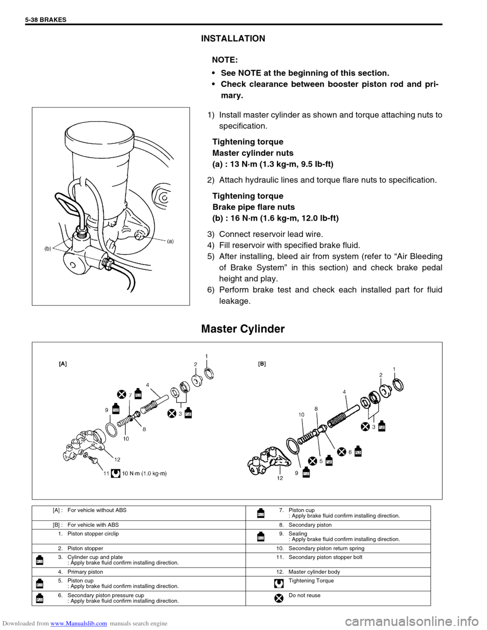 SUZUKI JIMNY 2005 3.G Service Workshop Manual Downloaded from www.Manualslib.com manuals search engine 5-38 BRAKES
INSTALLATION
1) Install master cylinder as shown and torque attaching nuts to
specification.
Tightening torque
Master cylinder nuts
