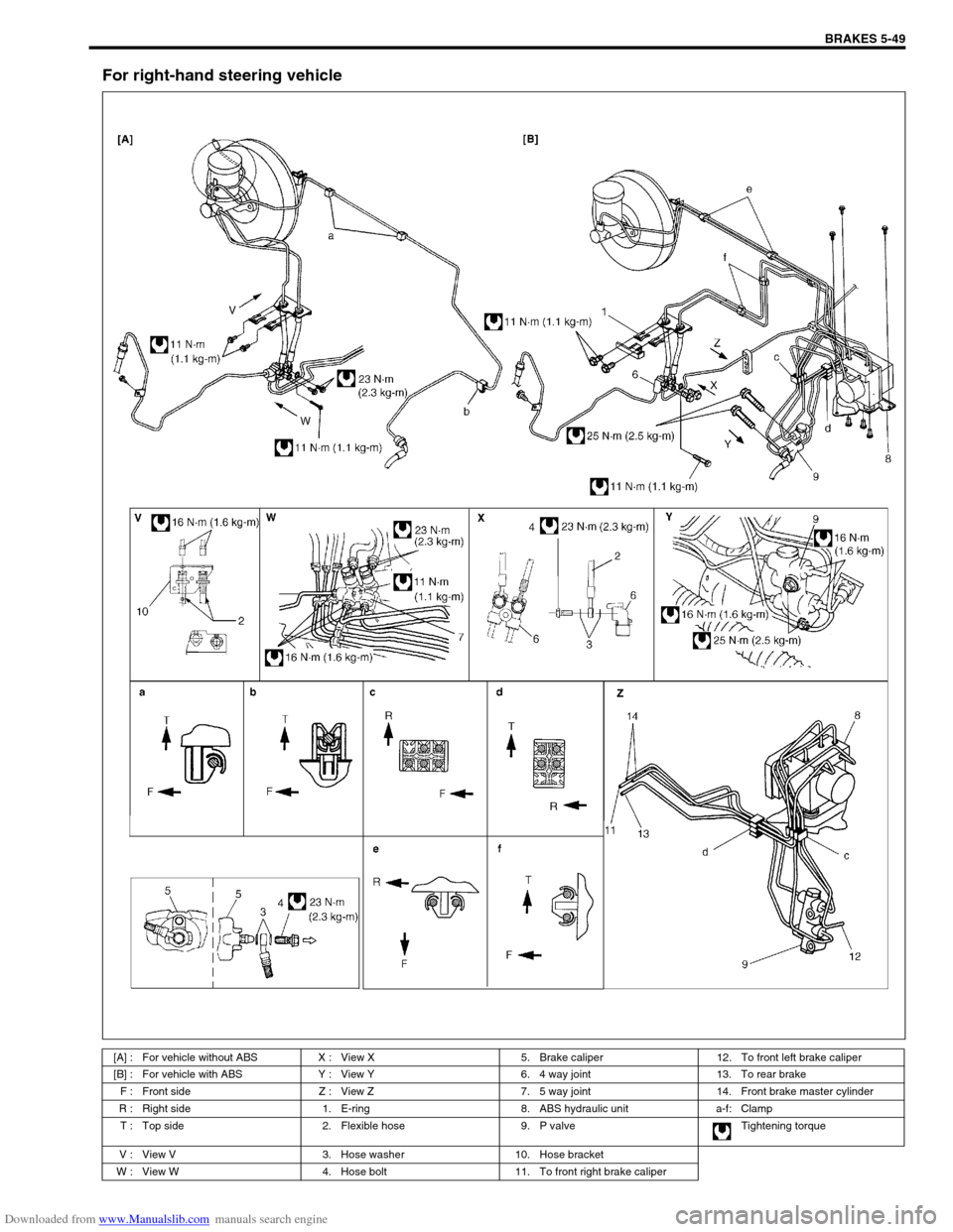 SUZUKI JIMNY 2005 3.G Service Owners Manual Downloaded from www.Manualslib.com manuals search engine BRAKES 5-49
For right-hand steering vehicle
[A] : For vehicle without ABS X : View X 5. Brake caliper 12. To front left brake caliper
[B] : For