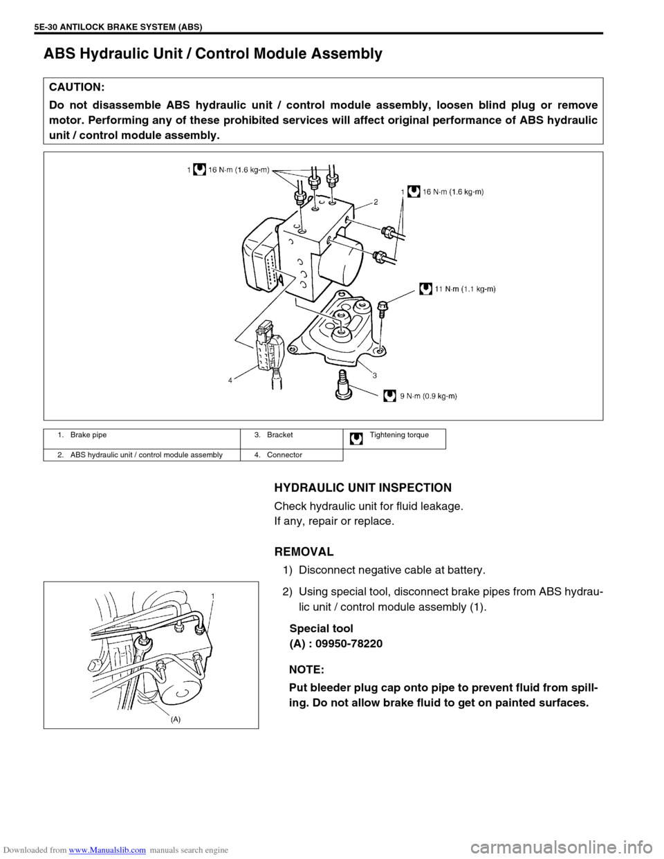 SUZUKI JIMNY 2005 3.G Service Workshop Manual Downloaded from www.Manualslib.com manuals search engine 5E-30 ANTILOCK BRAKE SYSTEM (ABS)
ABS Hydraulic Unit / Control Module Assembly
HYDRAULIC UNIT INSPECTION
Check hydraulic unit for fluid leakage