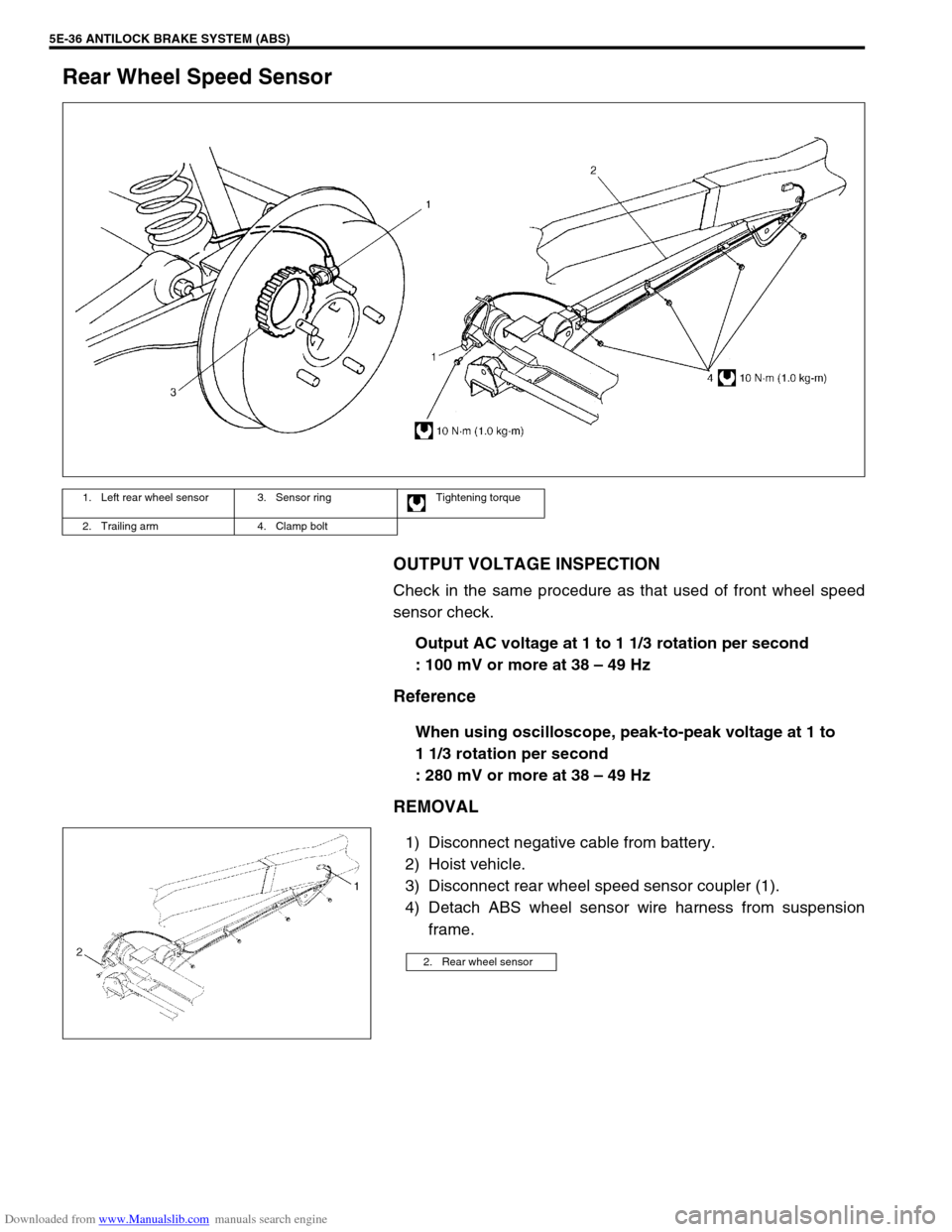 SUZUKI JIMNY 2005 3.G Service Workshop Manual Downloaded from www.Manualslib.com manuals search engine 5E-36 ANTILOCK BRAKE SYSTEM (ABS)
Rear Wheel Speed Sensor
OUTPUT VOLTAGE INSPECTION
Check in the same procedure as that used of front wheel spe SUZUKI JIMNY 2005 3.G Service Workshop Manual Downloaded from www.Manualslib.com manuals search engine 5E-36 ANTILOCK BRAKE SYSTEM (ABS)
Rear Wheel Speed Sensor
OUTPUT VOLTAGE INSPECTION
Check in the same procedure as that used of front wheel spe