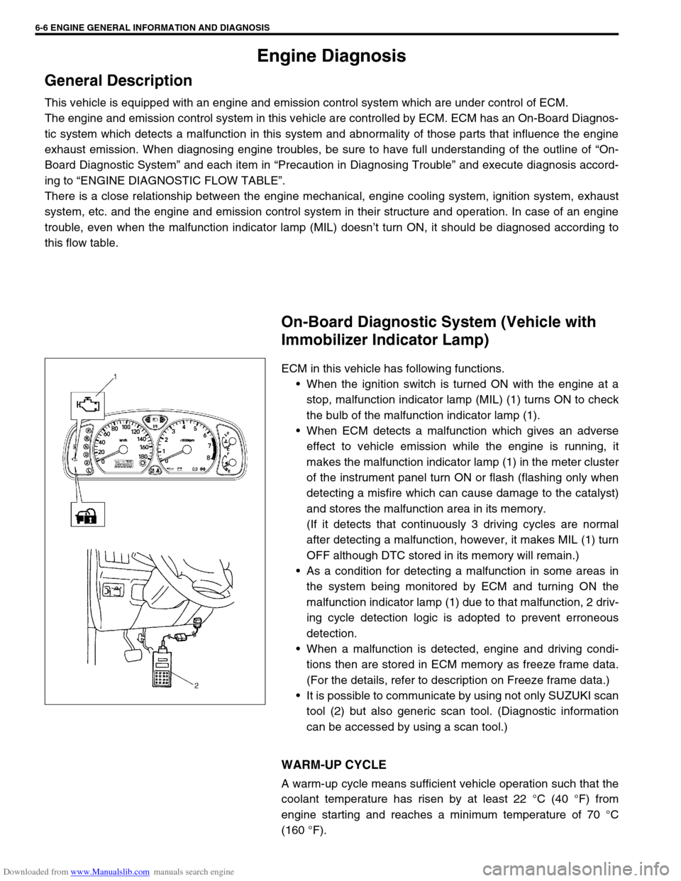 SUZUKI JIMNY 2005 3.G Service Workshop Manual Downloaded from www.Manualslib.com manuals search engine 6-6 ENGINE GENERAL INFORMATION AND DIAGNOSIS
Engine Diagnosis
General Description
This vehicle is equipped with an engine and emission control 