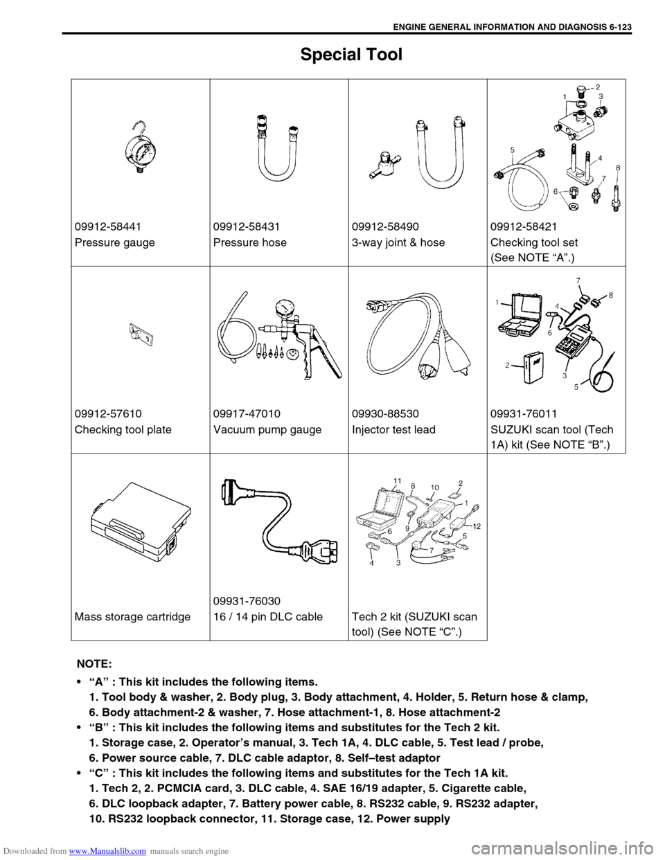 SUZUKI JIMNY 2005 3.G Service Workshop Manual Downloaded from www.Manualslib.com manuals search engine ENGINE GENERAL INFORMATION AND DIAGNOSIS 6-123
Special Tool
09912-58441 09912-58431 09912-58490 09912-58421
Pressure gauge Pressure hose 3-way SUZUKI JIMNY 2005 3.G Service Workshop Manual Downloaded from www.Manualslib.com manuals search engine ENGINE GENERAL INFORMATION AND DIAGNOSIS 6-123
Special Tool
09912-58441 09912-58431 09912-58490 09912-58421
Pressure gauge Pressure hose 3-way