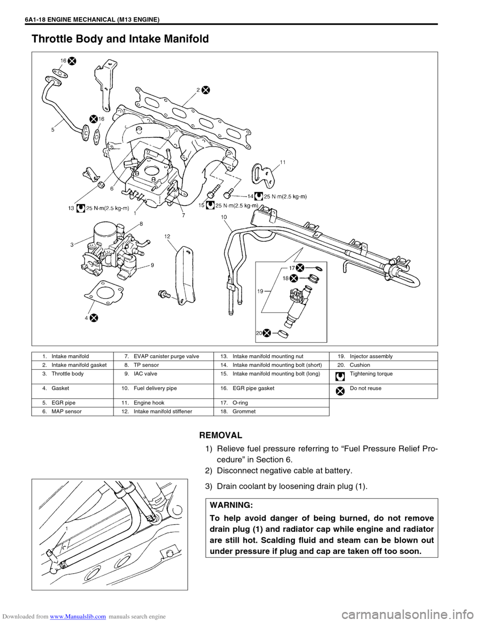 SUZUKI JIMNY 2005 3.G Service Workshop Manual Downloaded from www.Manualslib.com manuals search engine 6A1-18 ENGINE MECHANICAL (M13 ENGINE)
Throttle Body and Intake Manifold
REMOVAL
1) Relieve fuel pressure referring to “Fuel Pressure Relief P