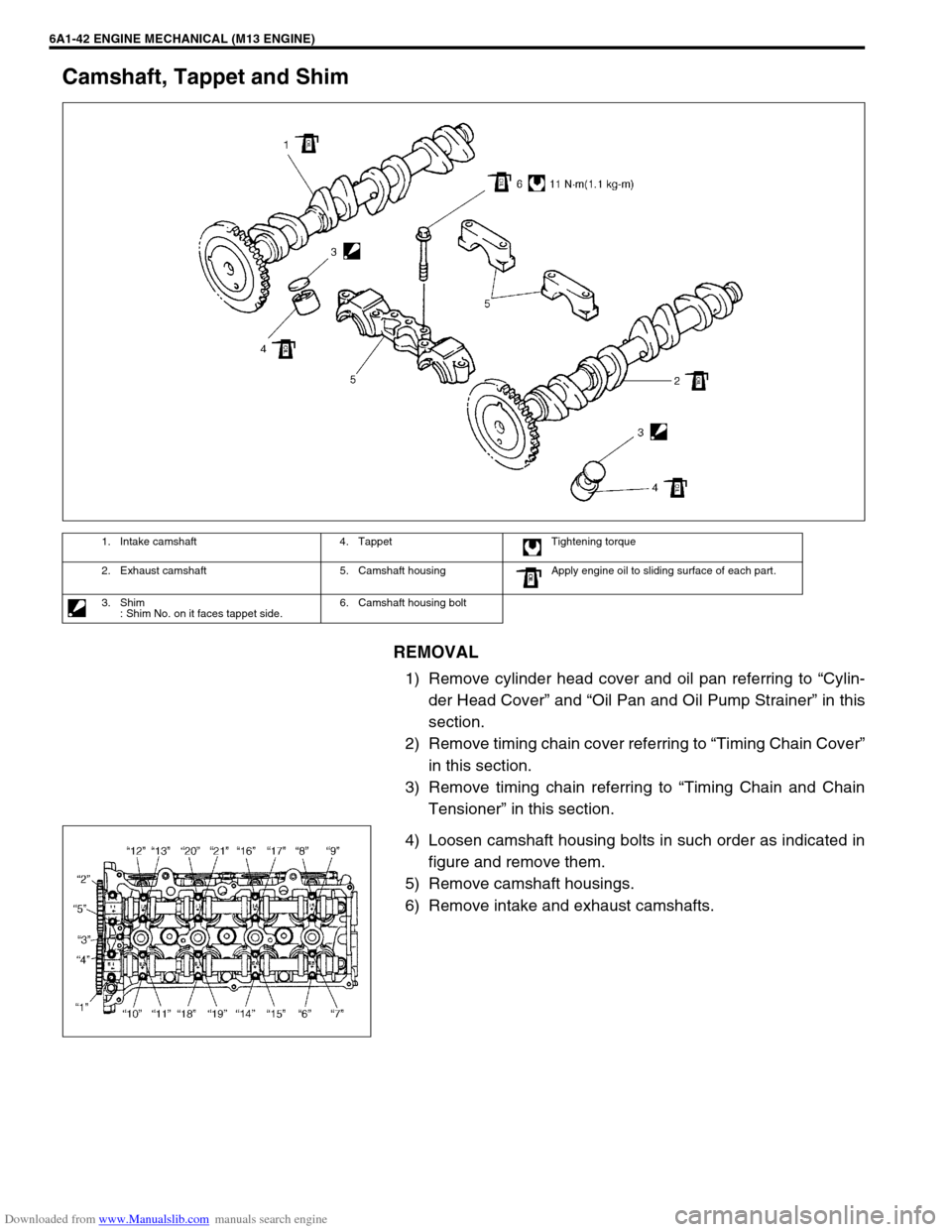 SUZUKI JIMNY 2005 3.G Service Service Manual Downloaded from www.Manualslib.com manuals search engine 6A1-42 ENGINE MECHANICAL (M13 ENGINE)
Camshaft, Tappet and Shim
REMOVAL
1) Remove cylinder head cover and oil pan referring to “Cylin-
der He