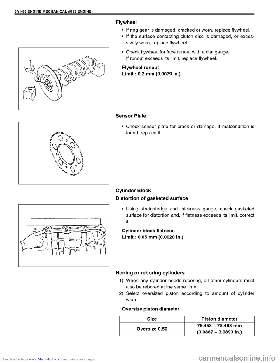 SUZUKI JIMNY 2005 3.G Service Workshop Manual Downloaded from www.Manualslib.com manuals search engine 6A1-88 ENGINE MECHANICAL (M13 ENGINE)
Flywheel
If ring gear is damaged, cracked or worn, replace flywheel.
If the surface contacting clutch d