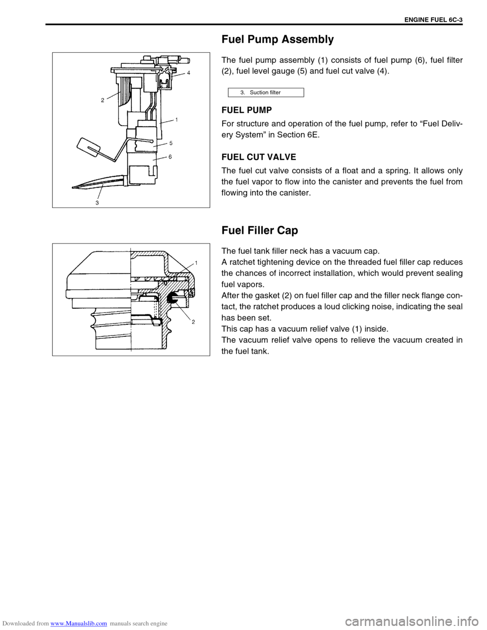 SUZUKI JIMNY 2005 3.G Service Workshop Manual Downloaded from www.Manualslib.com manuals search engine ENGINE FUEL 6C-3
Fuel Pump Assembly
The fuel pump assembly (1) consists of fuel pump (6), fuel filter
(2), fuel level gauge (5) and fuel cut va