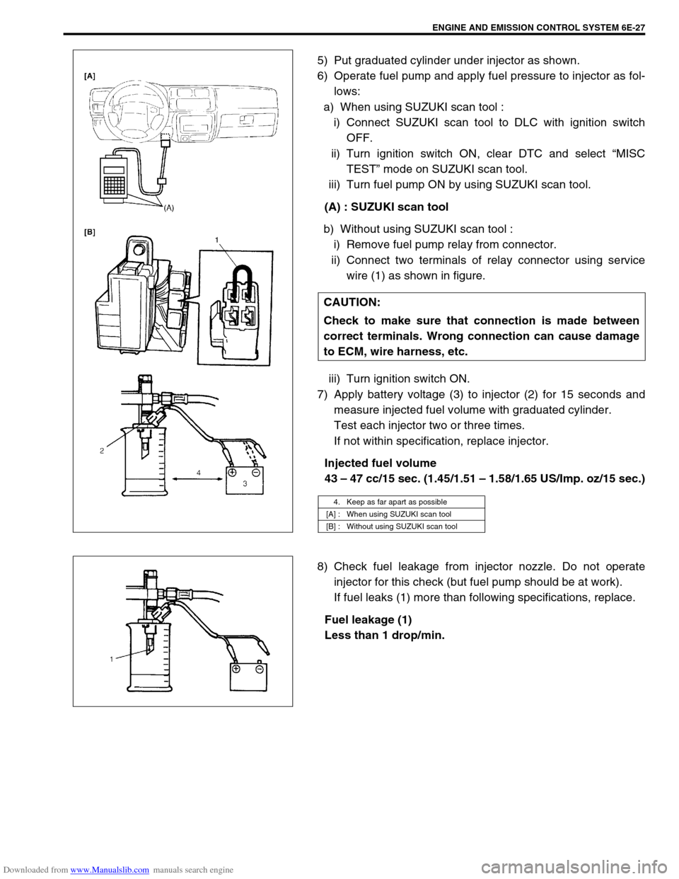 SUZUKI JIMNY 2005 3.G Service Owners Guide Downloaded from www.Manualslib.com manuals search engine ENGINE AND EMISSION CONTROL SYSTEM 6E-27
5) Put graduated cylinder under injector as shown.
6) Operate fuel pump and apply fuel pressure to inj SUZUKI JIMNY 2005 3.G Service Owners Guide Downloaded from www.Manualslib.com manuals search engine ENGINE AND EMISSION CONTROL SYSTEM 6E-27
5) Put graduated cylinder under injector as shown.
6) Operate fuel pump and apply fuel pressure to inj